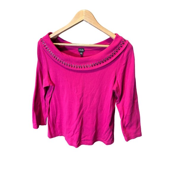 Rafaella Pink Three Quarter Sleeve Wide Beaded Neck Top SZ MP - Picture 1 of 8